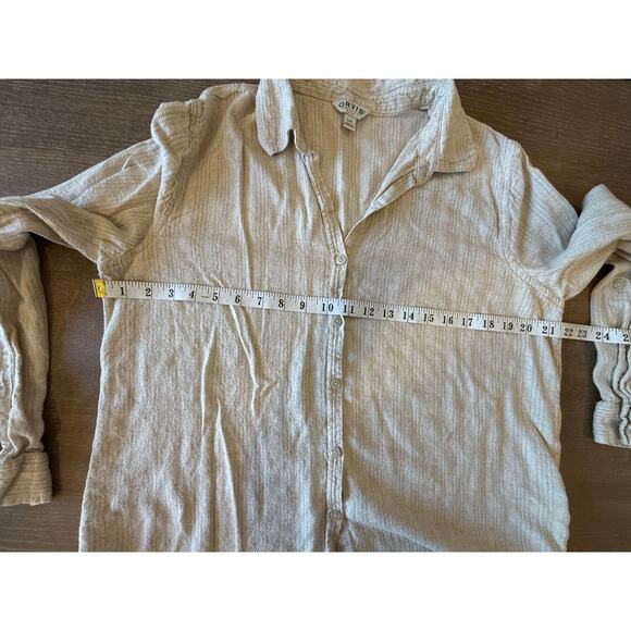 ORVIS Tan Button Down Shirt Top Blouse Women size L Linen Blend Tan Striped - Picture 8 of 9